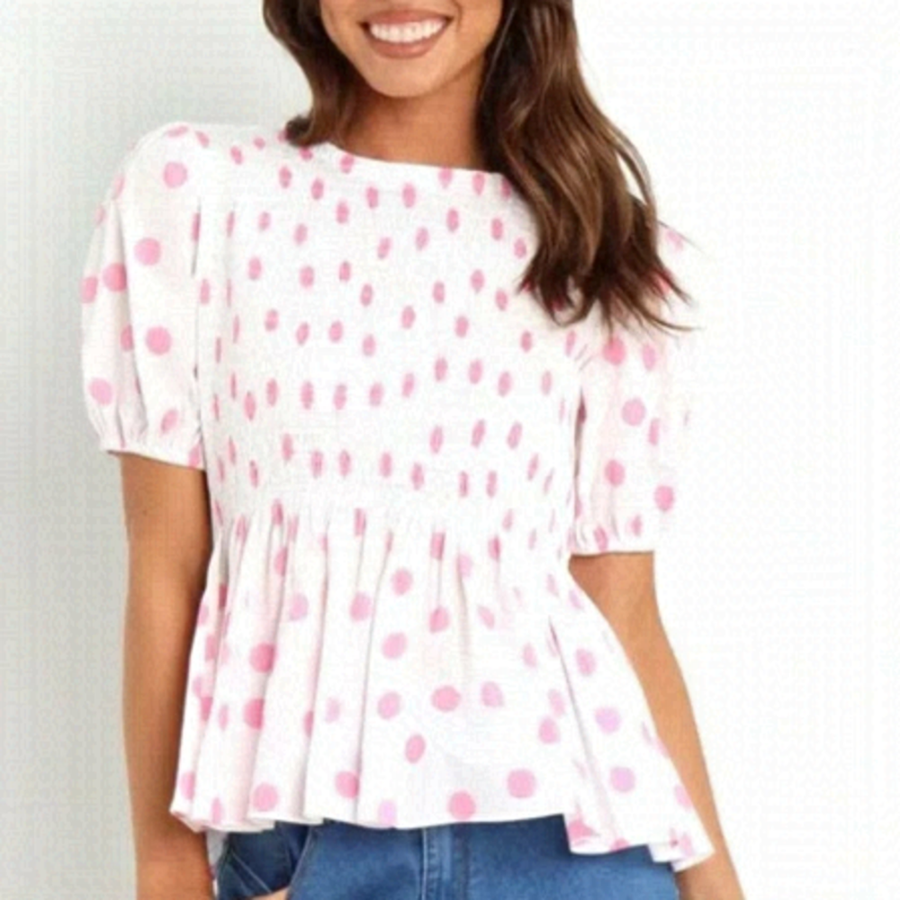 Petal & Pup Women Cotton Short Sleeves Polka Dot White and Pink Top, size 0 NWT